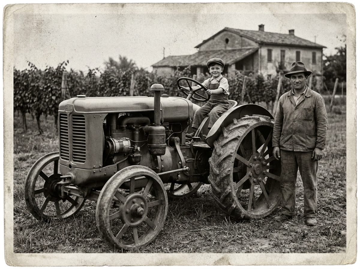Foto d'epoca del nonno Renato, fondatore dell'Azienda Agricola Iotti a Reggio EmiliaFoto d'epoca anni '30 del nonno Renato sul trattore, fondatore dell'Azienda Agricola Iotti a Reggio Emilia
